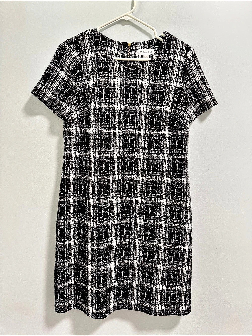 Calvin Klein Short Sleeve Crew Neck Tweed Sheath Dress Black & White Size 12